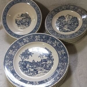 Homer Laughlin Blue and Cream Dinnerware Set